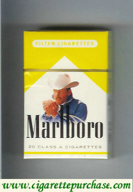 Marlboro with cowboy with cigarette white and yellow cigarettes hard box